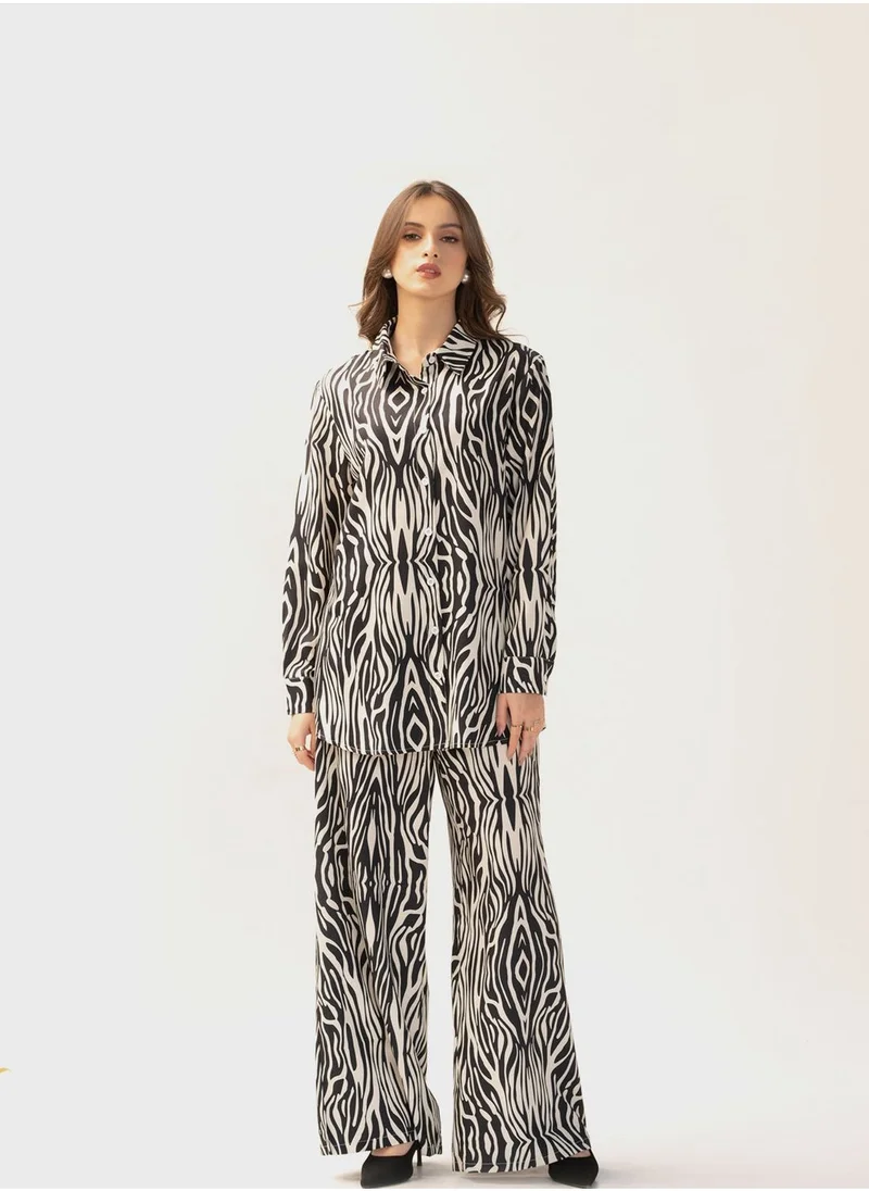 Hassal Printed Button Down Shirt And High Waist Pants Set