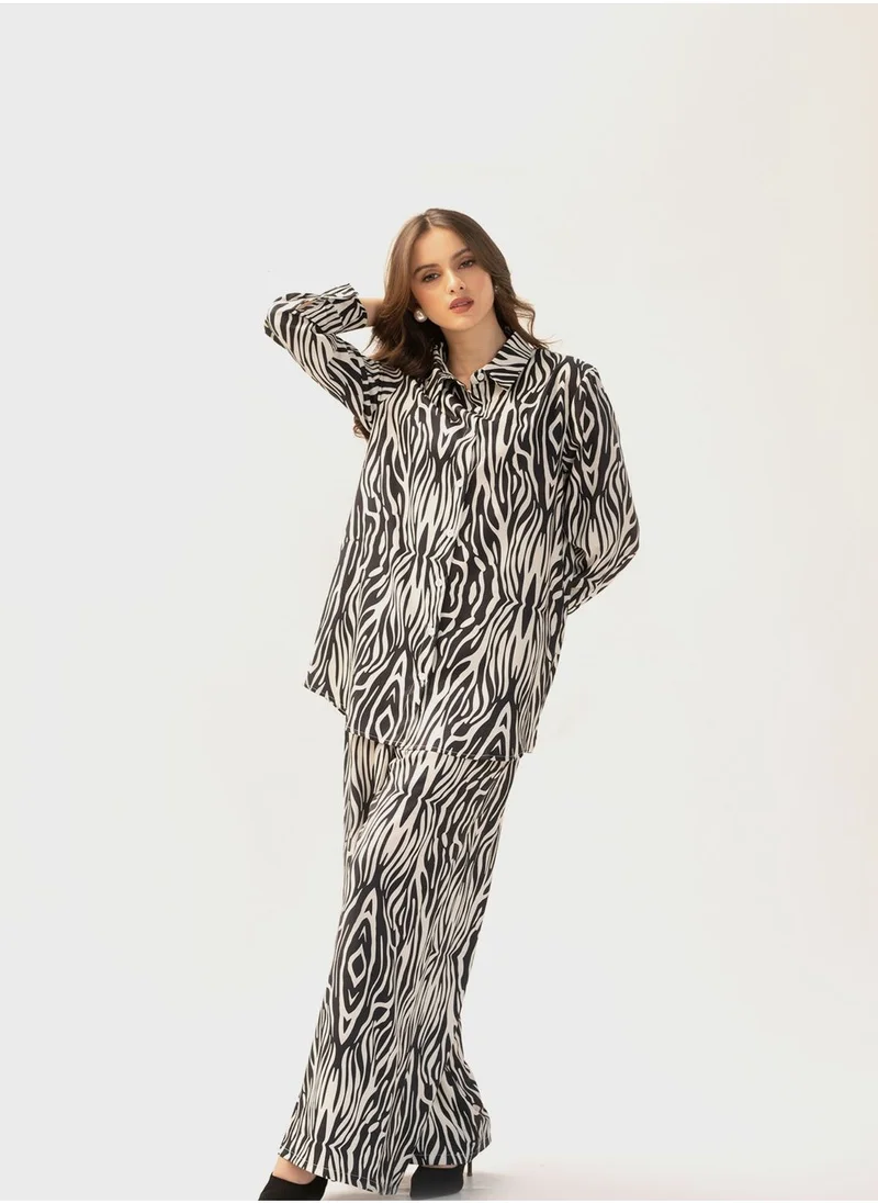 Hassal Printed Button Down Shirt And High Waist Pants Set