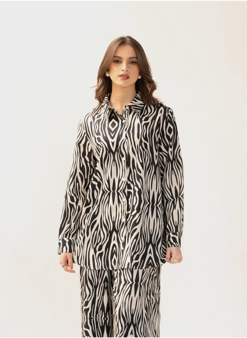 Hassal Printed Button Down Shirt And High Waist Pants Set