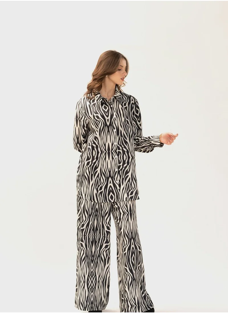 Hassal Printed Button Down Shirt And High Waist Pants Set