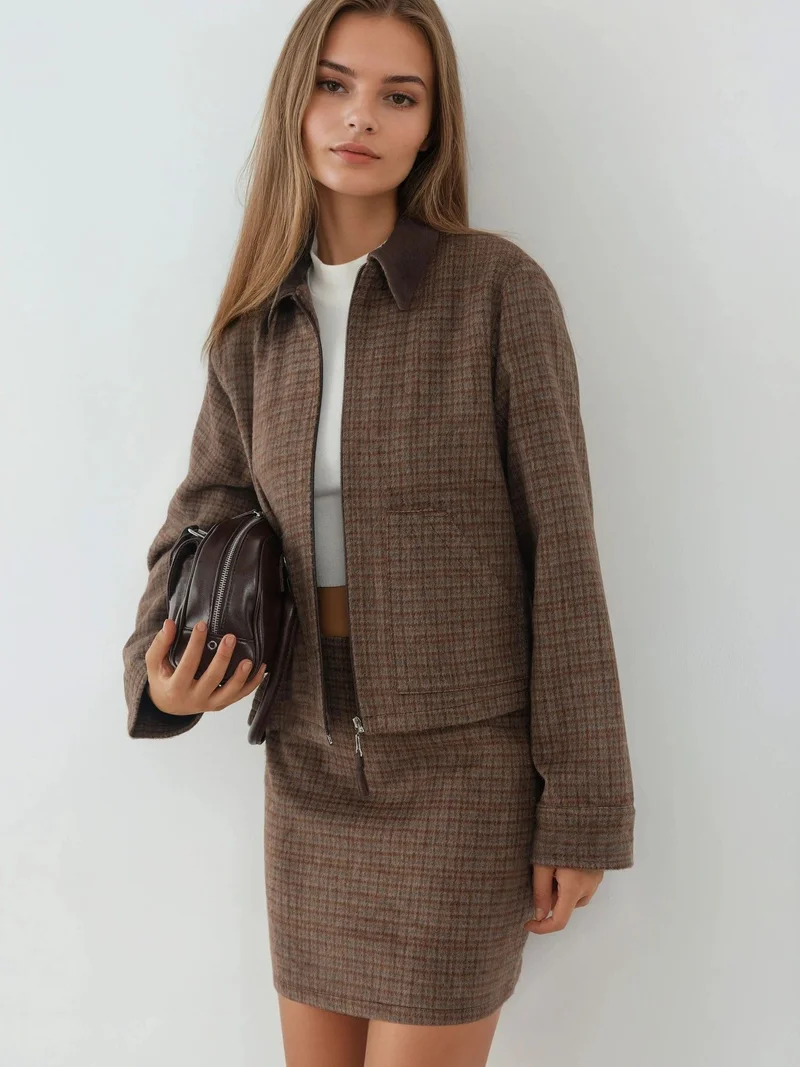 Hiccup Brown Fitted Mini Skirt with Plaid Print for Women | Best Price UAE