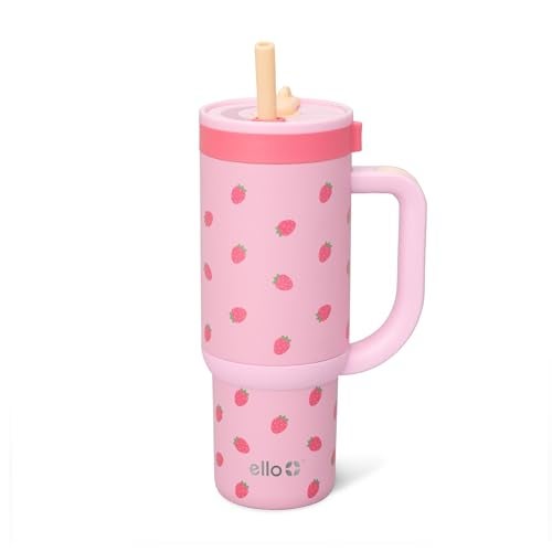 Ello Oasis 18oz Stainless Steel Kids Tumbler with Handle Retracting Straw 100 Leakproof DoubleWall Vacuum Insulated Kids Water Bottle for School BPA Free Dishwasher Safe Strawberries - Image 1