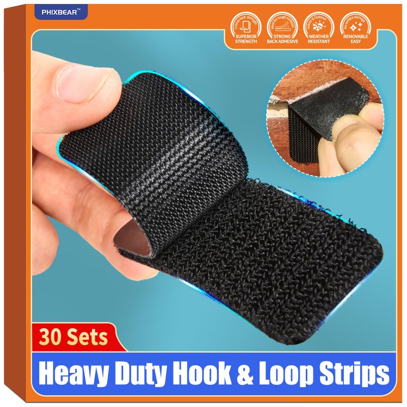 PHIXBEAR 30 Sets Industrial Heavy Duty Hook and Loop Strips with Adhesive, Strong Back Adhesive Double Sided Hook Loop Tape, Black Sticky Fasten for Rough Surfaces,Indoor or Outdoor Use,1.3x3.2 Inch - Image 1
