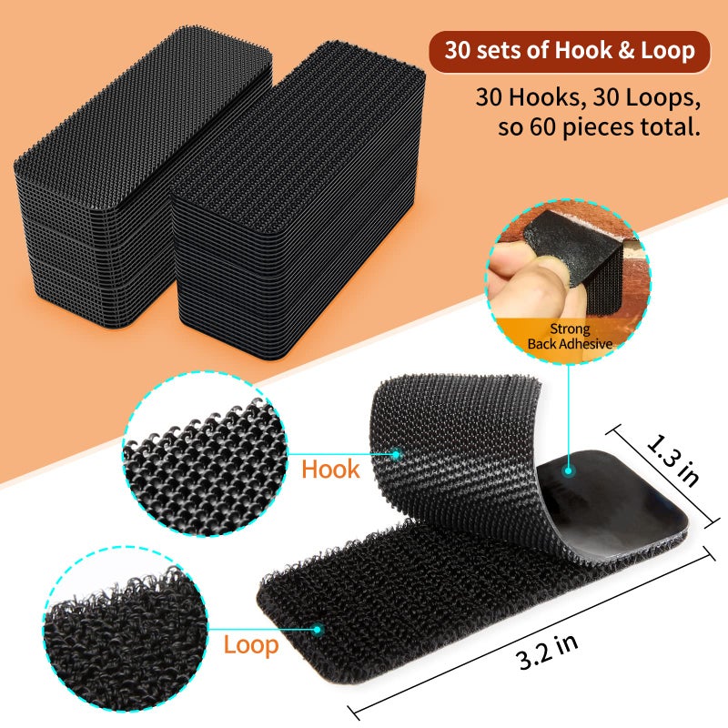 PHIXBEAR 30 Sets Industrial Heavy Duty Hook and Loop Strips with Adhesive, Strong Back Adhesive Double Sided Hook Loop Tape, Black Sticky Fasten for Rough Surfaces,Indoor or Outdoor Use,1.3x3.2 Inch - Image 2