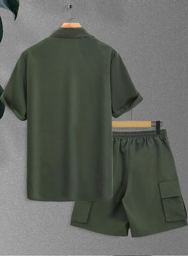 Take Two Men Khaki Solid Short Sleeve Shirt and Shorts Co-Ords