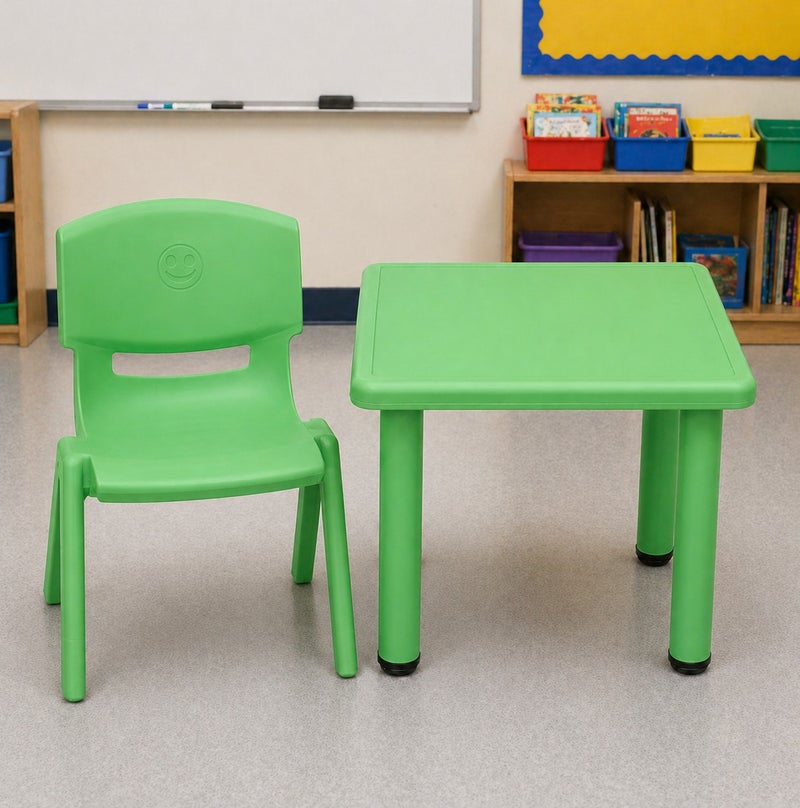 Funz Kids Square Plastic Study Table & chair set for Home or School Size 60*60cm Height Adjustable Strong & Durable, Green - Image 1