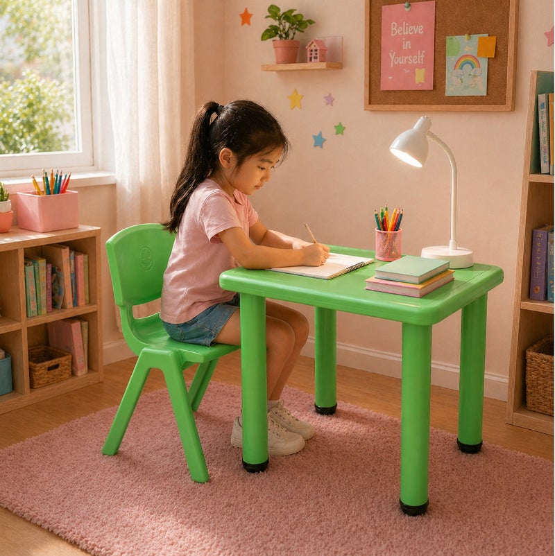 Funz Kids Square Plastic Study Table & chair set for Home or School Size 60*60cm Height Adjustable Strong & Durable, Green - Image 2