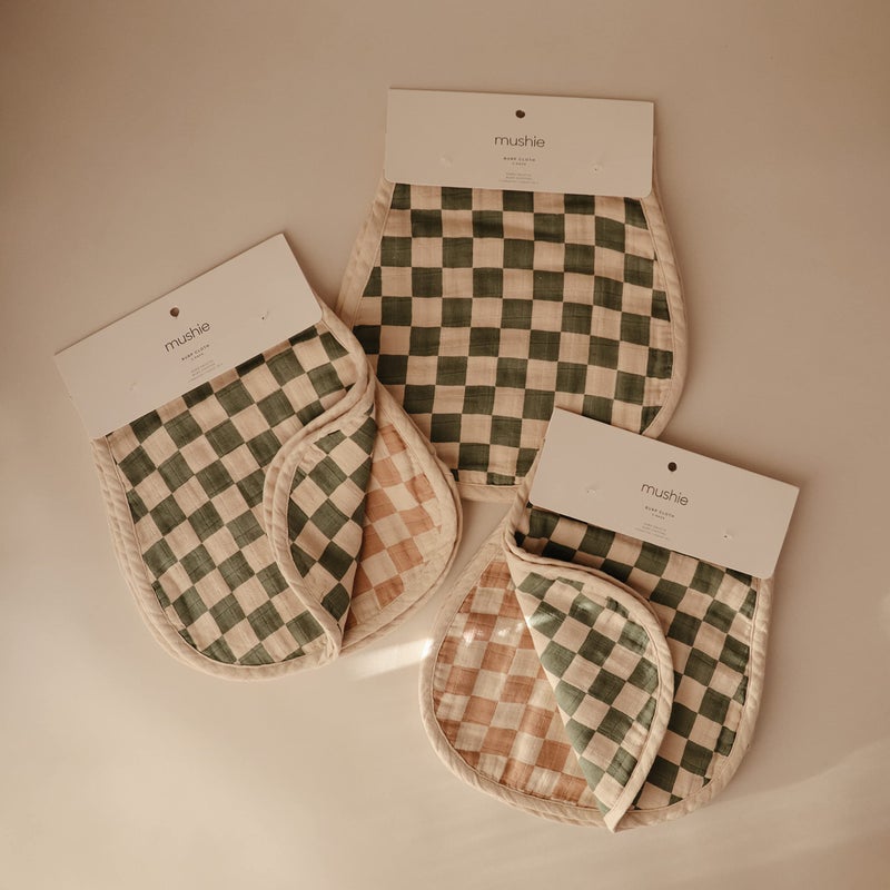 mushie Muslin Baby Burp Cloths | 100% Organic Cotton, Set of 2 (Olive Check/Natural Check) - Image 2
