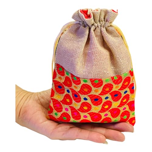KRIWIN Pack of 25 pcs Small Size Brocade & Jute Potli Gift Bags (18 X 12 cm) Red & Beige - Image 2