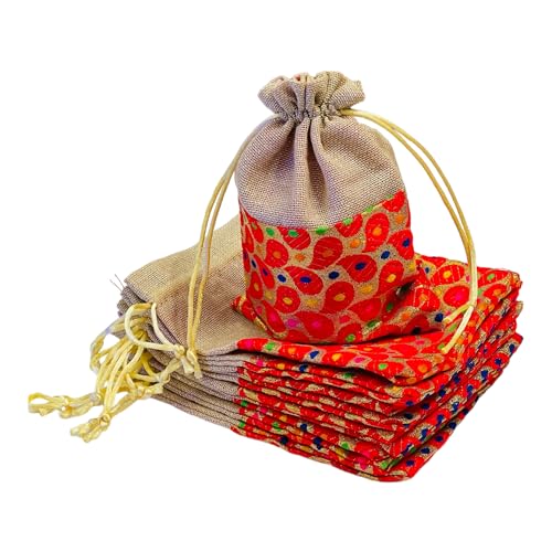KRIWIN Pack of 25 pcs Small Size Brocade & Jute Potli Gift Bags (18 X 12 cm) Red & Beige - Image 1