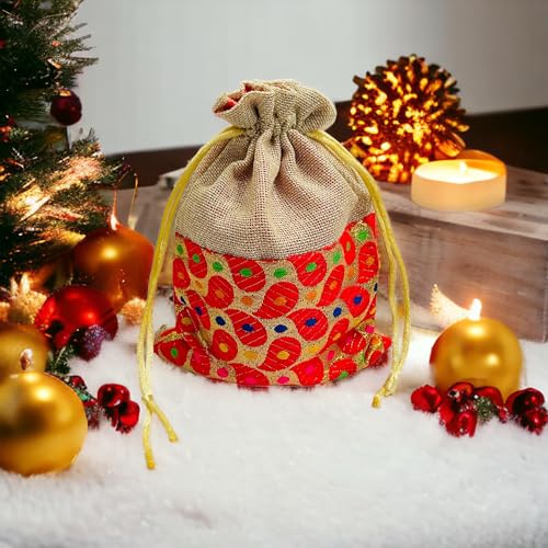 KRIWIN Pack of 25 pcs Small Size Brocade & Jute Potli Gift Bags (18 X 12 cm) Red & Beige - Image 3