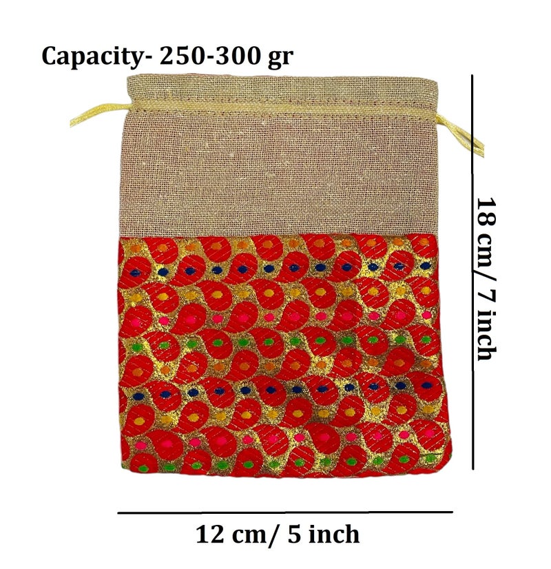 KRIWIN Pack of 25 pcs Small Size Brocade & Jute Potli Gift Bags (18 X 12 cm) Red & Beige - Image 4