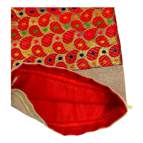 KRIWIN Pack of 25 pcs Small Size Brocade & Jute Potli Gift Bags (18 X 12 cm) Red & Beige - Image 5
