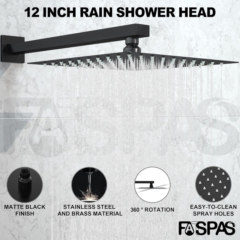 Fatspas Shower Faucet Set, Shower System with 12 Inch Rain Showerhead and Handheld Shower, Wall Mounted High-Pressure Showerhead Combo Set Included Valve and Trim, Matte Black - Image 3