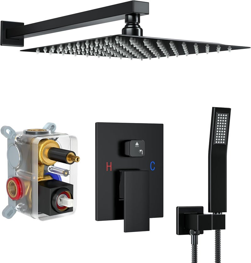 Fatspas Shower Faucet Set, Shower System with 12 Inch Rain Showerhead and Handheld Shower, Wall Mounted High-Pressure Showerhead Combo Set Included Valve and Trim, Matte Black - Image 1