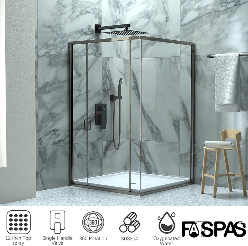 Fatspas Shower Faucet Set, Shower System with 12 Inch Rain Showerhead and Handheld Shower, Wall Mounted High-Pressure Showerhead Combo Set Included Valve and Trim, Matte Black - Image 2
