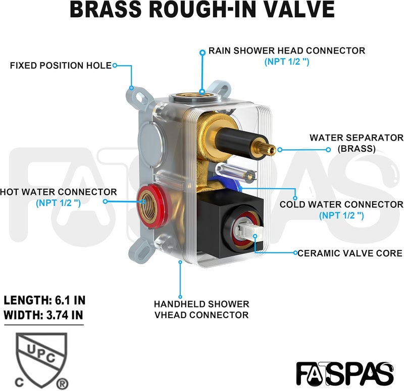 Fatspas Shower Faucet Set, Shower System with 12 Inch Rain Showerhead and Handheld Shower, Wall Mounted High-Pressure Showerhead Combo Set Included Valve and Trim, Matte Black - Image 5