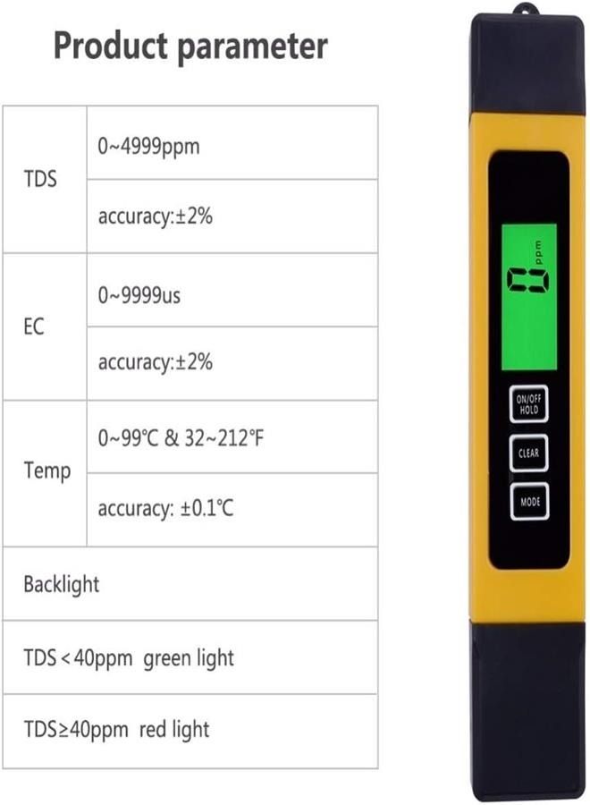 نقاء جودة مياه عالية الدقة، 0-9990 جزء في المليون، 3 في 1، شاشة LCD رقمية TDS 3 متر، TDS، EC ومقياس درجة الحرارة، التناضح العكسي - Image 5