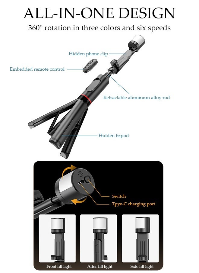 Selfie Stick, All-in-1 Extendable Cell Phone Tripod Stand,360° Rotate Phone Tripod with Wireless Remote Shutter and Fill Light,Group Selfies/Live Streaming/Video Recording Compatible with All Phones