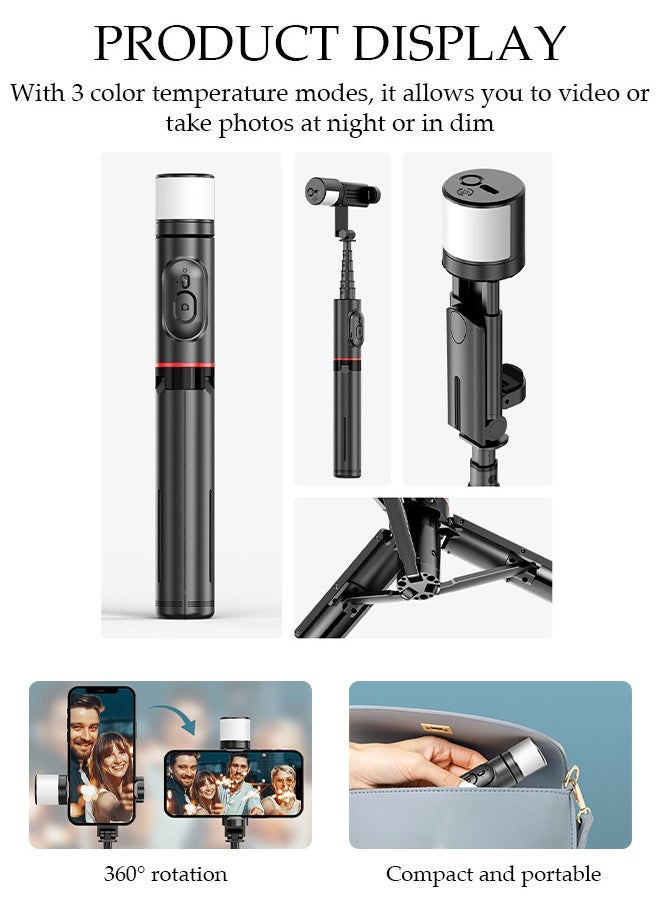 Selfie Stick, All-in-1 Extendable Cell Phone Tripod Stand,360° Rotate Phone Tripod with Wireless Remote Shutter and Fill Light,Group Selfies/Live Streaming/Video Recording Compatible with All Phones