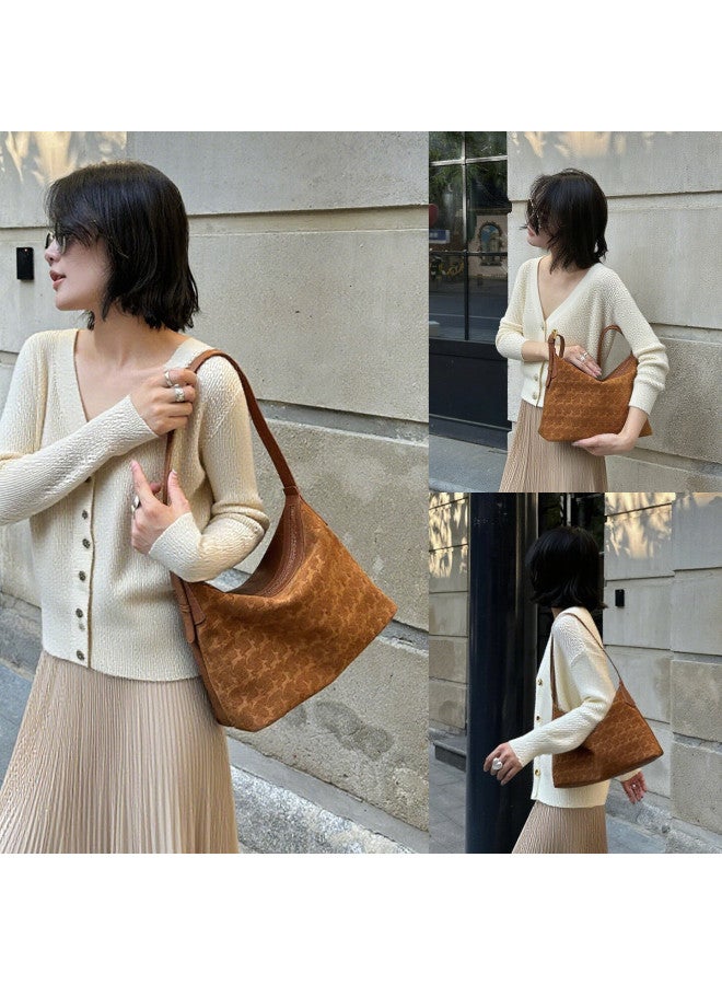 Mood First Layer Vegetable Tanned Leather Hobo Bag Brown Genuine Leather Large Capacity Suede Light Luxury Workplace Commuter Crossbody Bag For Women