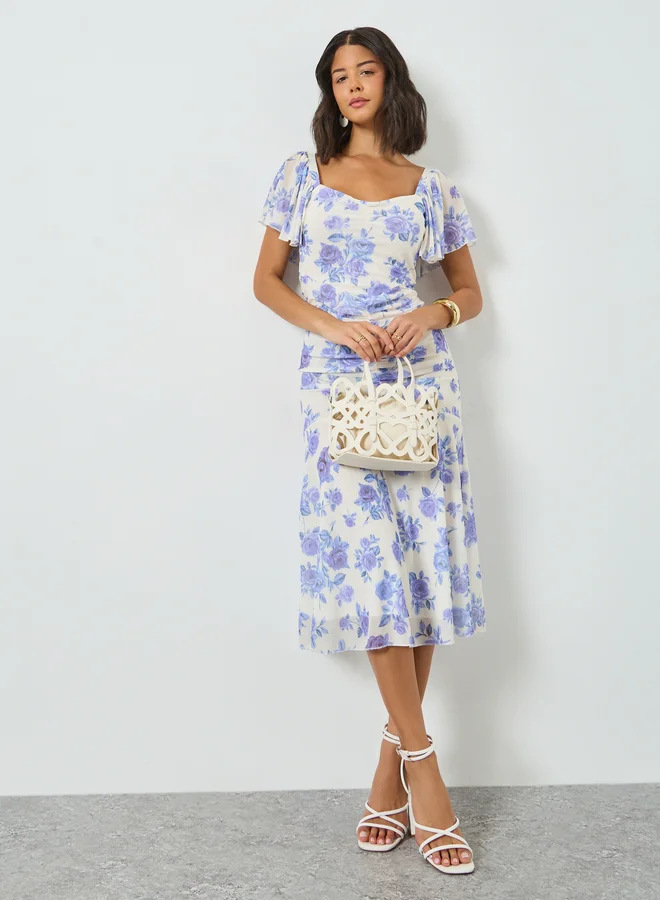 Styli  Blue Floral Sheath Midi Dress with Frill Sleeve for Women | Best Price UAE