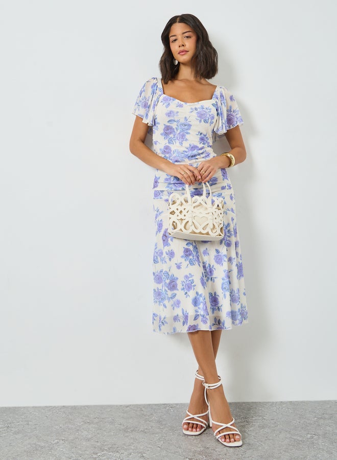 Styli Blue Floral Sheath Midi Dress with Frill Sleeve - Image 2