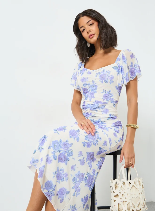 Blue Floral Sheath Midi Dress with Frill Sleeve