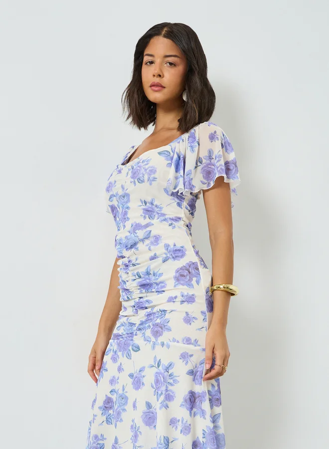 Styli  Blue Floral Sheath Midi Dress with Frill Sleeve for Women | Best Price UAE