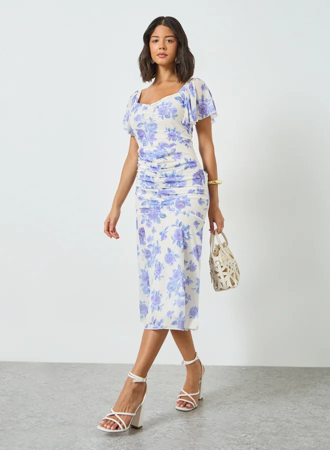 Styli  Blue Floral Sheath Midi Dress with Frill Sleeve for Women | Best Price UAE