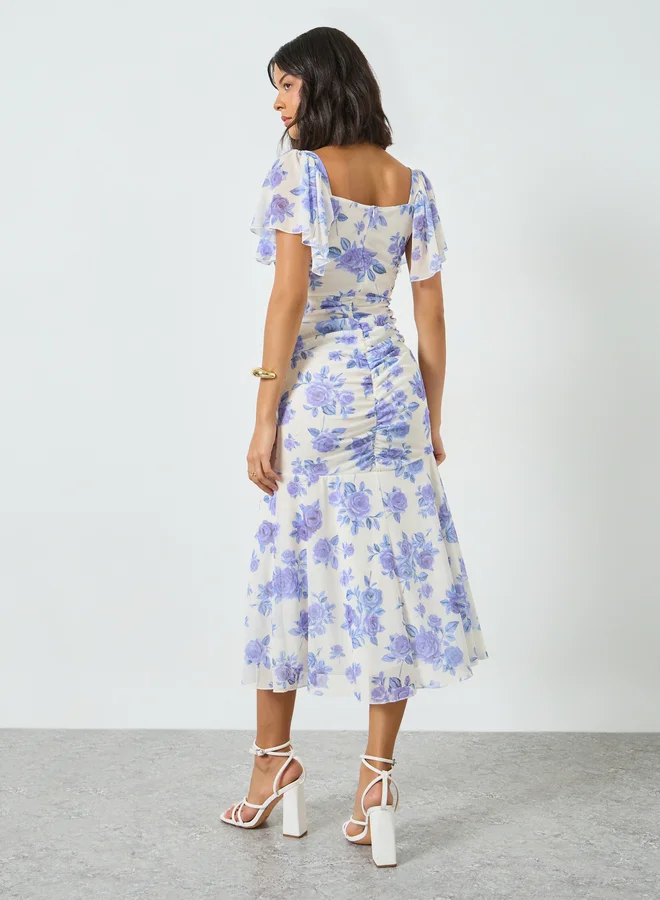 Styli  Blue Floral Sheath Midi Dress with Frill Sleeve for Women | Best Price UAE