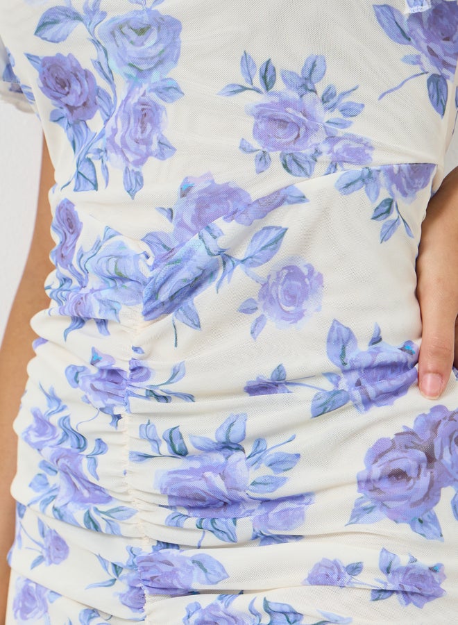 Styli Blue Floral Sheath Midi Dress with Frill Sleeve - Image 5