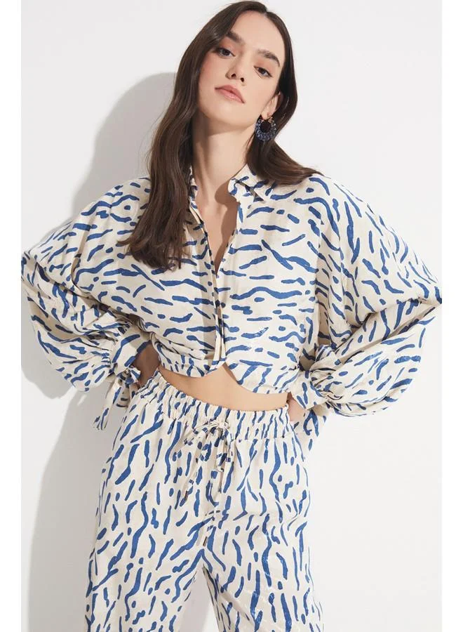 جون June Women Exclusive Boyfriend/Wide Fit Rayon Blend Patterned Balloon Sleeve Shirt Ecru