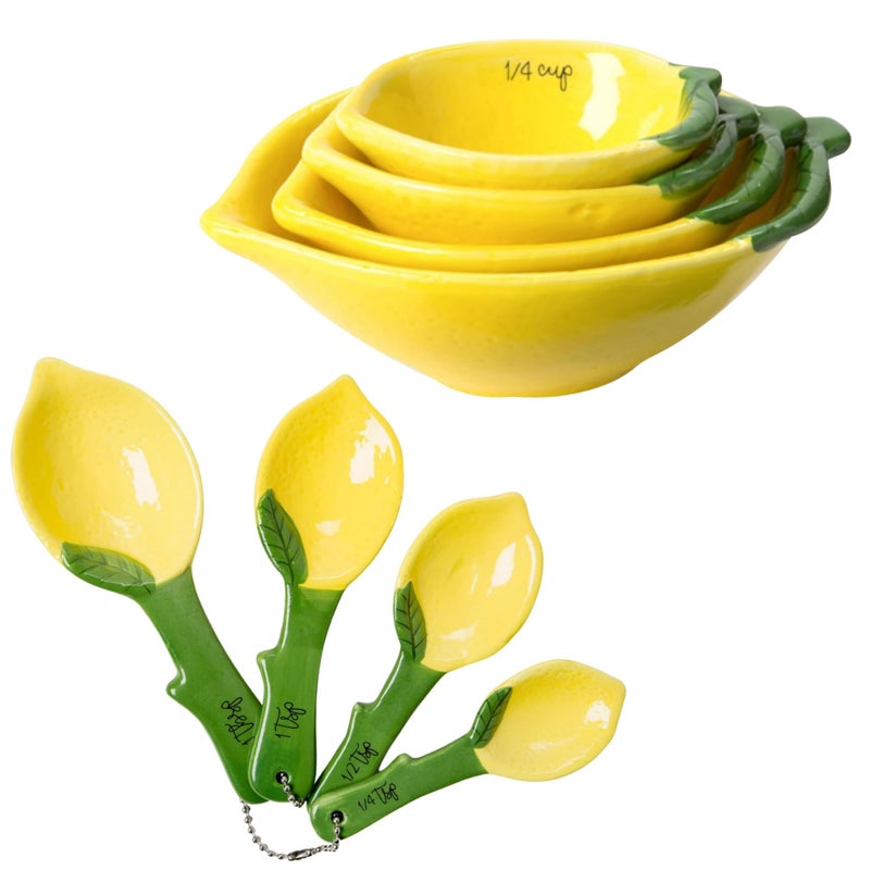 VOTUM Lemon Shaped Measuring Cups and Spoon Set, Ceramic Kitchen Tools for Bakers, 4 Measuring Cups and 4 Measuring Spoons, Fresh Citrus Decor, Novelty Lemon Accessories, Unique Gift for Kitchen - Image 5