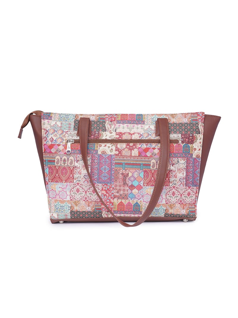 ZOUK Kutch Gamthi Abstract Printed Women Jute Vegan Leather Multicolor Office Tote Bag for Ladies With Laptop Compartment - Image 4