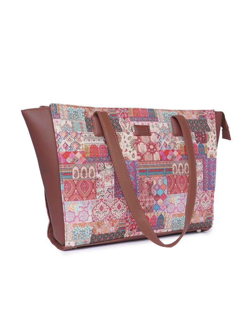 ZOUK Kutch Gamthi Abstract Printed Women Jute Vegan Leather Multicolor Office Tote Bag for Ladies With Laptop Compartment - Image 3