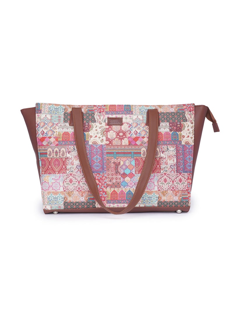 ZOUK Kutch Gamthi Abstract Printed Women Jute Vegan Leather Multicolor Office Tote Bag for Ladies With Laptop Compartment - Image 1