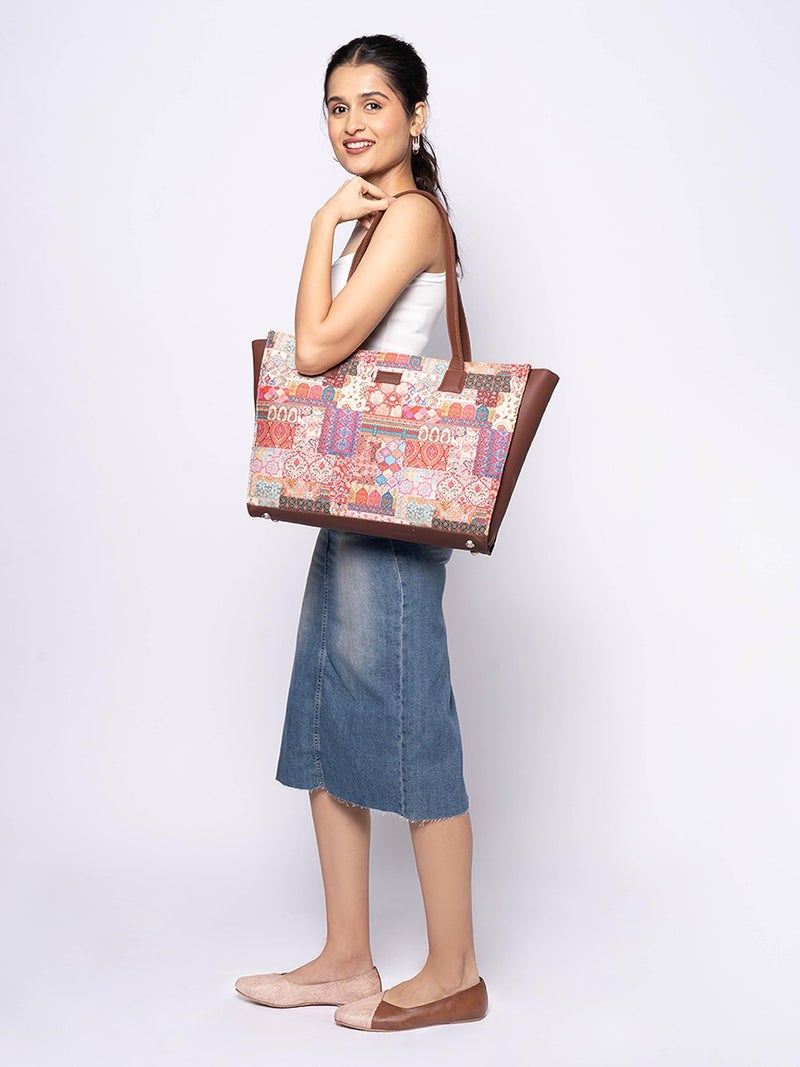 ZOUK Kutch Gamthi Abstract Printed Women Jute Vegan Leather Multicolor Office Tote Bag for Ladies With Laptop Compartment - Image 2