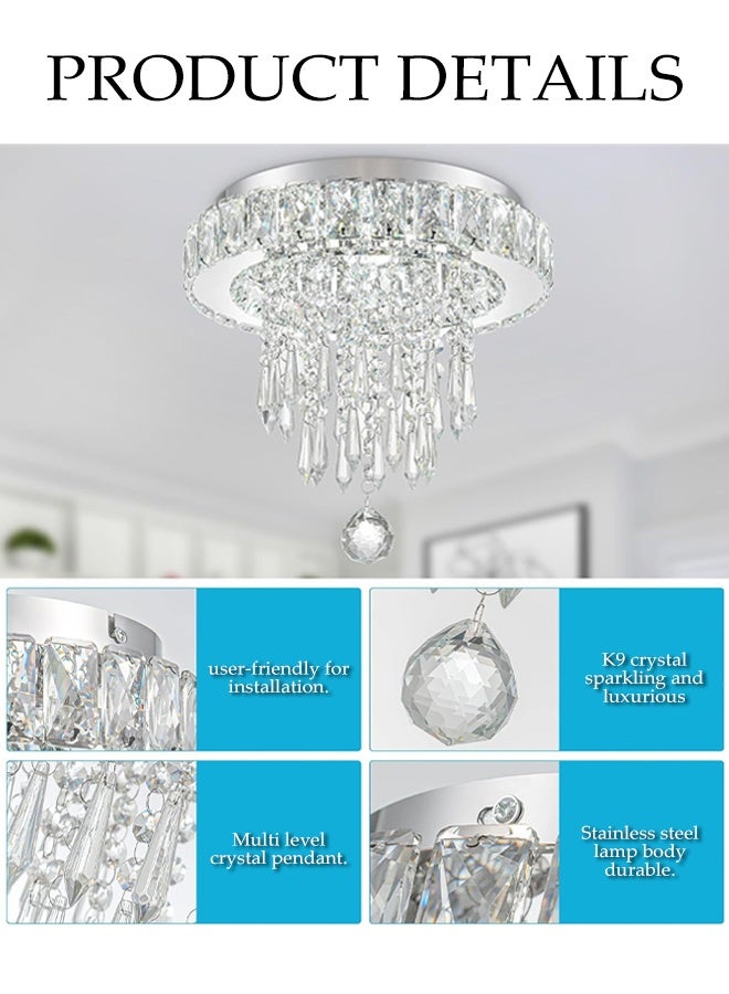 DUNISO Crystal Ceiling Light,Modern Crystal Chandeliers,Chrome Embedded Ceiling Fixture,with Raindrop K9 Crystal,Tri-Color Dimming,Sturdy and Durable,for Bedroom Hallway Bar Kitchen Bathroom,Diameter 30CM - Image 3