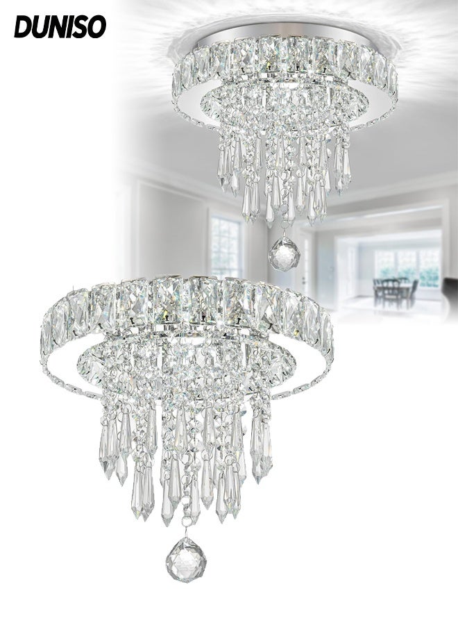 DUNISO Crystal Ceiling Light,Modern Crystal Chandeliers,Chrome Embedded Ceiling Fixture,with Raindrop K9 Crystal,Tri-Color Dimming,Sturdy and Durable,for Bedroom Hallway Bar Kitchen Bathroom,Diameter 30CM - Image 1
