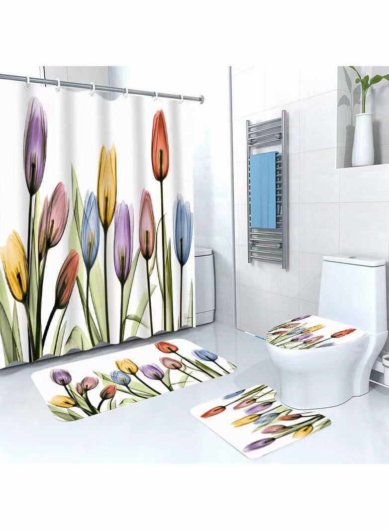 4-Pieces/Set Bathroom Household Supplies,Big Flowers Pattern Bathroom Suit,Shower Curtain/Pedestal Rug/Toilet Lid Cover/Bath Mat Decor Set - Image 1