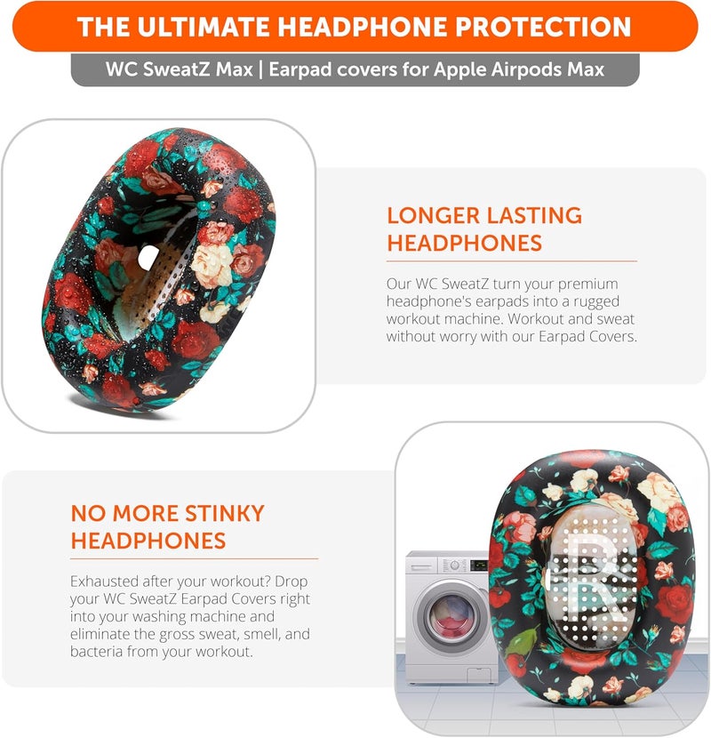WC SweatZ Max - Protective Earpad Covers for Airpods Max Made by Wicked Cushions | Sweatproof & Easily Washable | Full Earpad Sweat Protection | Black Floral - Image 3