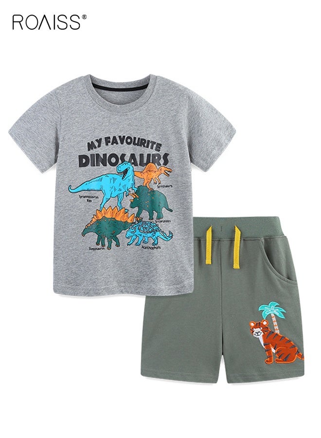 roaiss Little Boy T-Shirt and Shorts Set, Stylish 2-Piece Outfit for Boys, Summer Cotton Outfit with Dinosaur Pattern Top and Drawstring Shorts, Perfect for Daily Wear or Various Occasions - Image 4