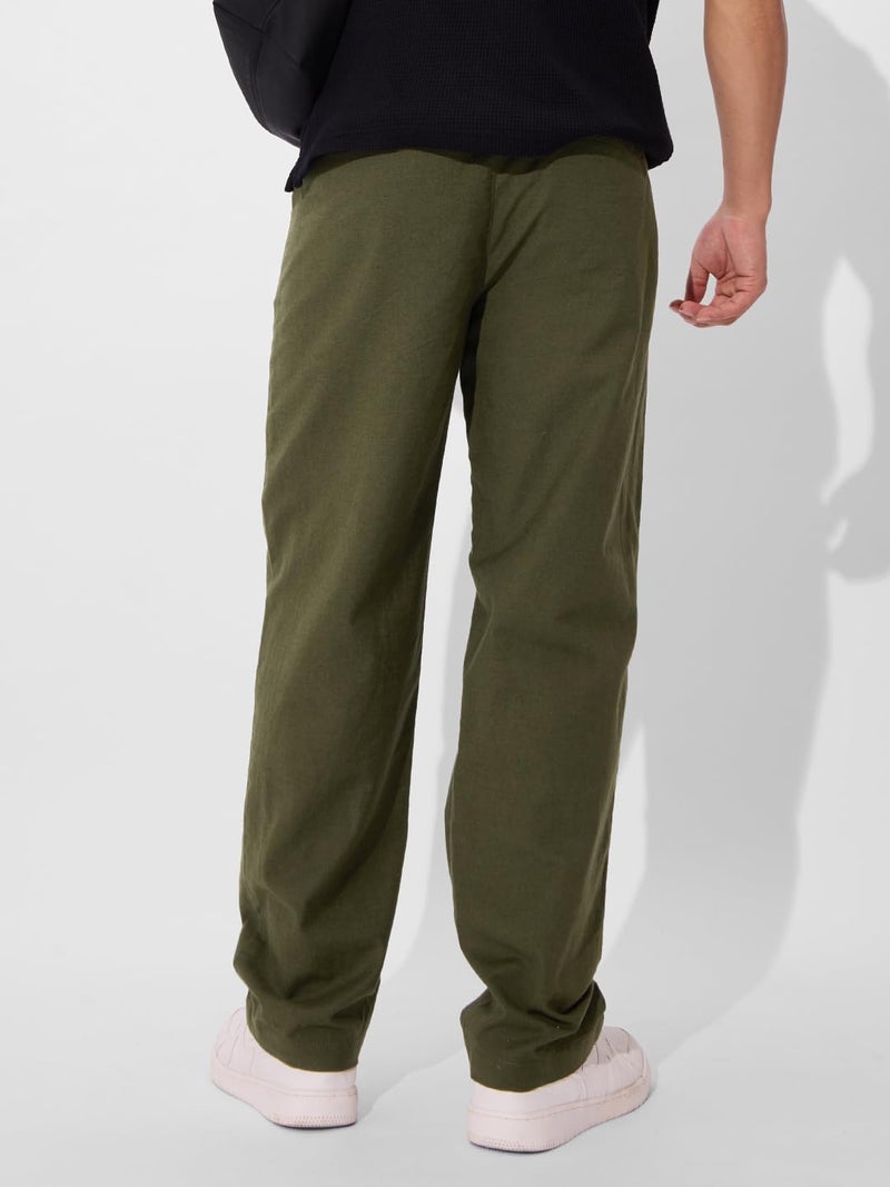 The Souled Store Solids: Olive Green Men and Boys Buttoned Straight Fit Cotton Linen Pants - Image 4