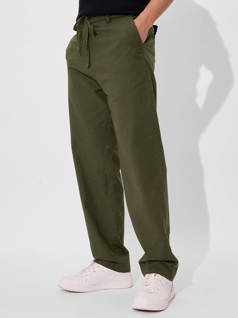 The Souled Store Solids: Olive Green Men and Boys Buttoned Straight Fit Cotton Linen Pants - Image 3