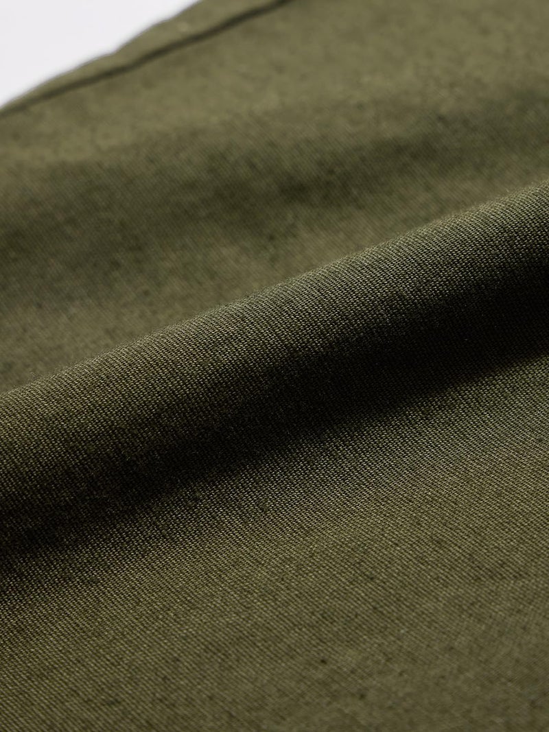 The Souled Store Solids: Olive Green Men and Boys Buttoned Straight Fit Cotton Linen Pants - Image 5