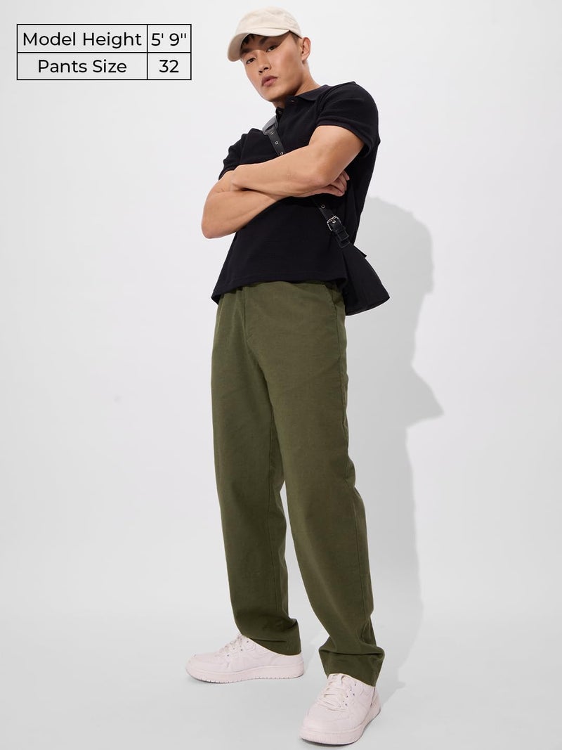 The Souled Store Solids: Olive Green Men and Boys Buttoned Straight Fit Cotton Linen Pants - Image 2