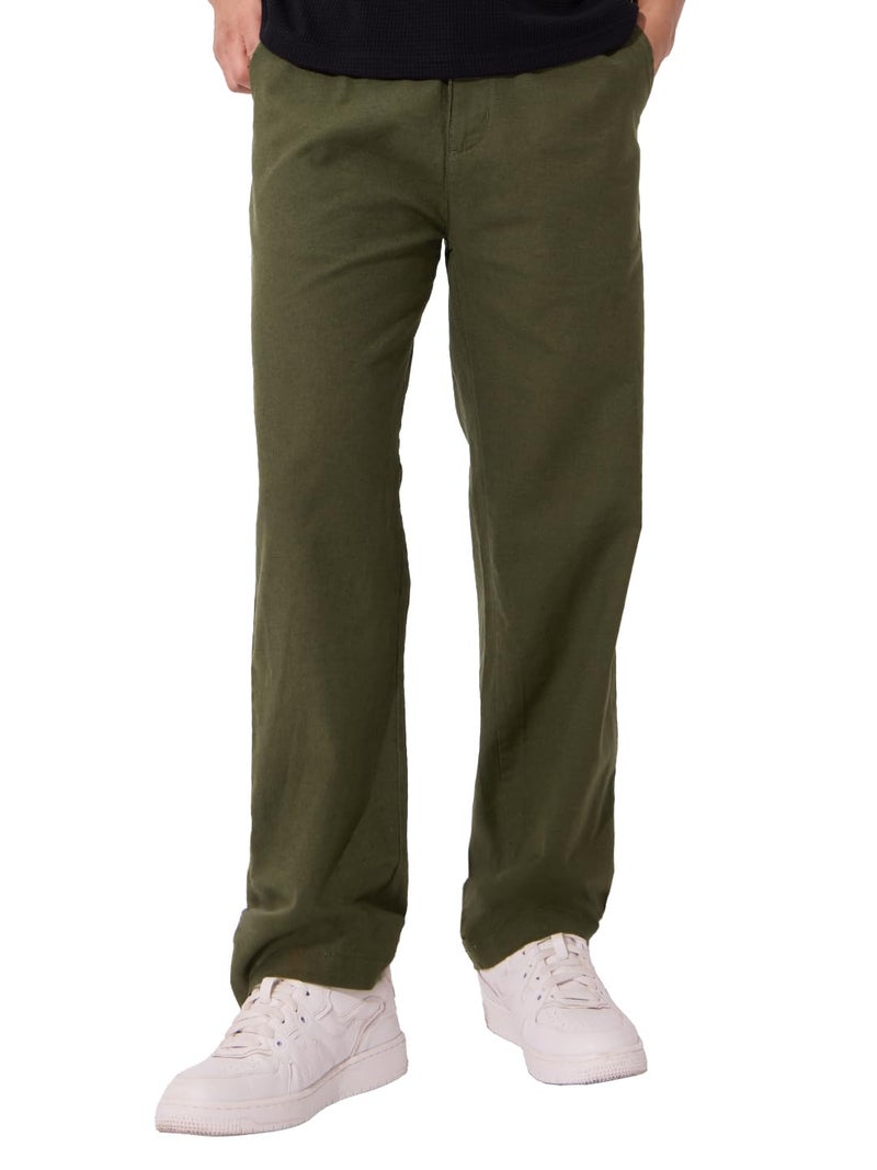 The Souled Store Solids: Olive Green Men and Boys Buttoned Straight Fit Cotton Linen Pants - Image 1