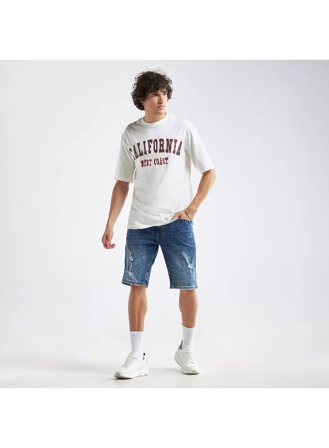 Splash FAV Typography Print Oversized T-shirt with Short Sleeves and Crew Neck