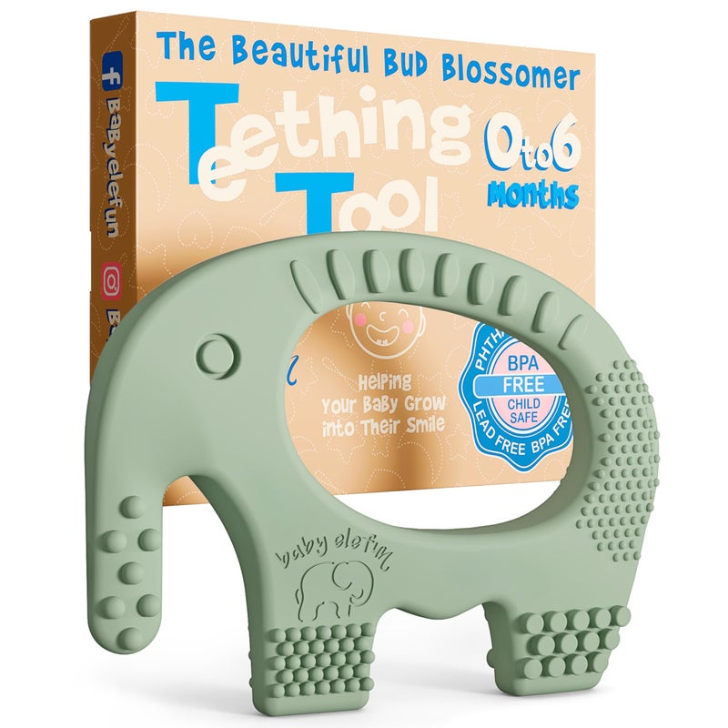 Baby Elefun Baby Teething Toys 5X Pain Relief Zero Delay 0-6 Months, Olive - Image 1